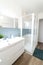 White shower and white washbasin cabinet