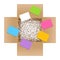 White shredded paper in cardboard box brown open and multi colored paper note sheet, shredded paper in box brown top view for