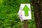 White sign or label with green arrow on stick on path in green spring or summer forest. Notification or direction of movement,