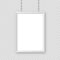 White signboard hanging on a metal chain. Restaurant menu board. Modern poster mockup. Blank photo or picture frame