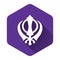 White Sikhism religion Khanda symbol icon isolated with long shadow. Khanda Sikh symbol. Purple hexagon button