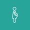 White silhouette of pregnant woman in dress isolated on turquoise background. Flat icon isolated