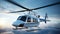 A White And Silver Private Helicopter Flying In A Blue Sky. Generative AI