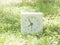 White simple clock on lawn yard, 7:55 seven fifty five