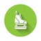 White Skates icon isolated with long shadow. Ice skate shoes icon. Sport boots with blades. Green circle button. Vector