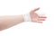 White-skinned hand with bandaged index finger and wrist, palmar side, isolated on white background