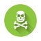 White Skull on crossbones icon isolated with long shadow. Happy Halloween party. Green circle button. Vector