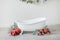 White small bathtub for a photo shoot of a child on a light background  decorated with gray leaves and a pomegranate