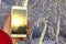 White smartphone in hand with sunset reflection, against the background of a blurry winter forest