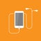 White smartphone with headphones. Flat vector icon isolated on orange color. mobile device