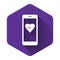 White Smartphone with heart rate monitor function icon isolated with long shadow. Purple hexagon button
