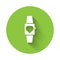 White Smartwatch icon isolated with long shadow. Green circle button. Vector