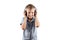 White smiling boy listens to music in big headphones Isolated on a white background. Musician, the future of the child, music