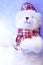 White smiling polar bear toy in a red checkred hat with fur and scarf on a snow blue background with a space for text