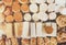 White and smoked scamorza in the basket, Italian typical cheese collection on the vitrine of market . French , Scamorze and