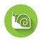 White Snail icon isolated with long shadow. Green circle button. Vector