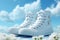 White sneakers with stars on the blue sky background, AI