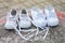 White sneakers of student old and new that are washed and dried in the sun.