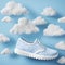 White sneakers with white clouds on blue background. 3D illustration.