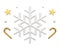 White snowflake winter holiday ornament golden sweet cane stars confetti realistic 3d icon vector