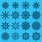 White snowflakes big set of different variations on azure background. Bold linear snow collection. New year snow