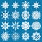 White snowflakes big set of different variations on blue background. Bold linear snow collection. New year snow
