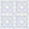 White snowflakes on pale blue background, damask ornament seamless pattern. Paper cut style