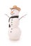 White snowman with scarf and cowboy hat.