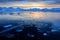 White snowy mountain, blue glacier Svalbard, Norway. Ice in ocean. Iceberg twilight in North pole. Pink clouds with ice floe. Beau