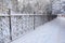 White snowy street, pathway along the park trees surrounded with a beautiful black cast iron fence, elegant wrought iron fence,