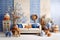 White sofa among blue motifs pottery near patterned wall. Boho or eclectic, bohemian interior design of modern living room.