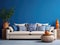 White sofa among blue motifs pottery near patterned wall. Boho or eclectic, bohemian interior design of modern living room