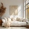 White sofa covered with wrinkled fabric against of window. Boho interior design of modern living room