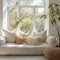 White sofa covered with wrinkled fabric against of window. Boho interior design of modern living room