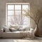 White sofa covered with wrinkled fabric against of window. Boho interior design of modern living room