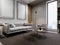 White sofa with a designer chair and a black lamp, on the background is a concrete wall with an empty picture. window, carpet,