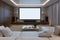 White sofa, table, and big screen TV in Mini Home Theater