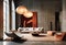 White sofa and terra cotta lounge chairs against window in room with concrete walls. Minimalist loft japanese style interior