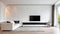 White sofa and TV unit in spacious room. Luxury home interior design of modern living room. Panorama