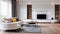 White sofa and TV unit in spacious room. Luxury home interior design of modern living room. Panorama