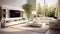 White Sofa and TV Unit in a Spacious Room Luxury Modern Living Room Interior Design with Panoramic View. created with Generative