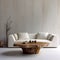 White sofa and wood live edge stamp coffee table against stucco wall. Minimalist rustic interior design of modern living room.