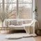 White sofa with wool blanket and fur pillow on rug against of grid window. Houseplants on wooden floor. Scandinavian interior