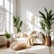 White sofa with wool blanket and fur pillow on rug against of grid window. Houseplants on wooden floor. Scandinavian style