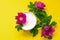 White soft cream in a jar on bright yellow background with dog roses blooming flowers, top view, anti-ageing moisturizing cream wi