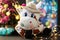 White soft toy bull on a dark background with a Christmas tree and garlands, New Year`s card. Chinese Year of the Ox, zodiac