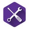 White Spanner and screwdriver tools icon isolated with long shadow. Service tool symbol. Purple hexagon button