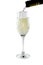 White sparkling champagne in a tall clear glass goblet on an isolated white background