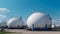 white spherical tanks for storing hydrogen gas at outdoor storage facility, neural network generated image