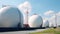 white spherical tanks for storing hydrogen gas at outdoor storage facility, neural network generated image